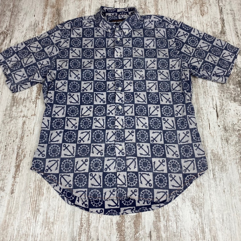 Reyn Spooner Newport Sailor Reverse Print Aloha Shirt Mens L Cotton Linen Hawaii